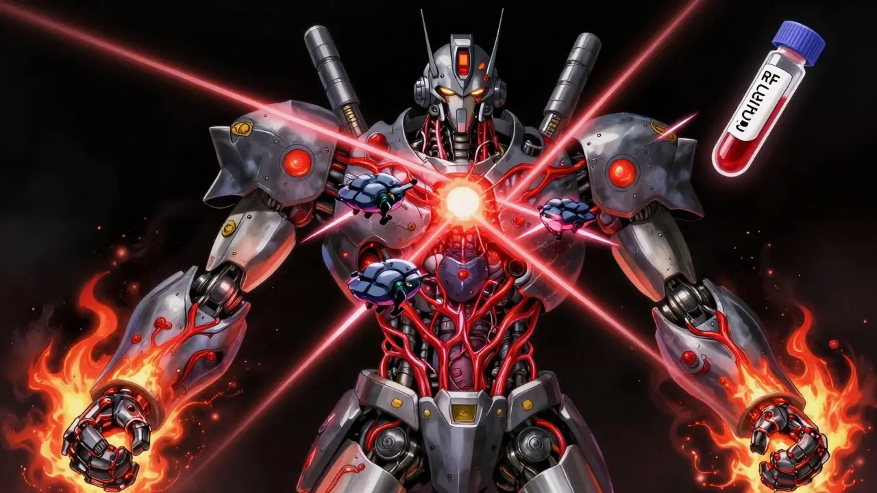 A robotic body under immune attack, with crimson inflammation in symmetrical joints and blood test symbols floating above.