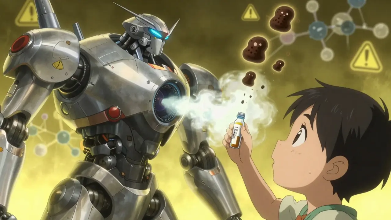 A robotic breath test device detects glowing carbon molecules as a child submits a sample.