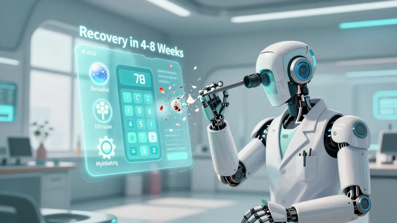 A robotic doctor scanning an ACB app as dangerous meds shatter into petals, replaced by safer alternatives.