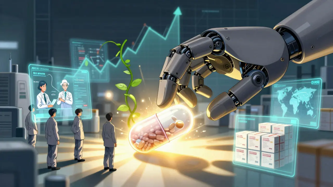 A robotic hand places a pill into a glowing capsule as holograms of regulators and workers surround it.
