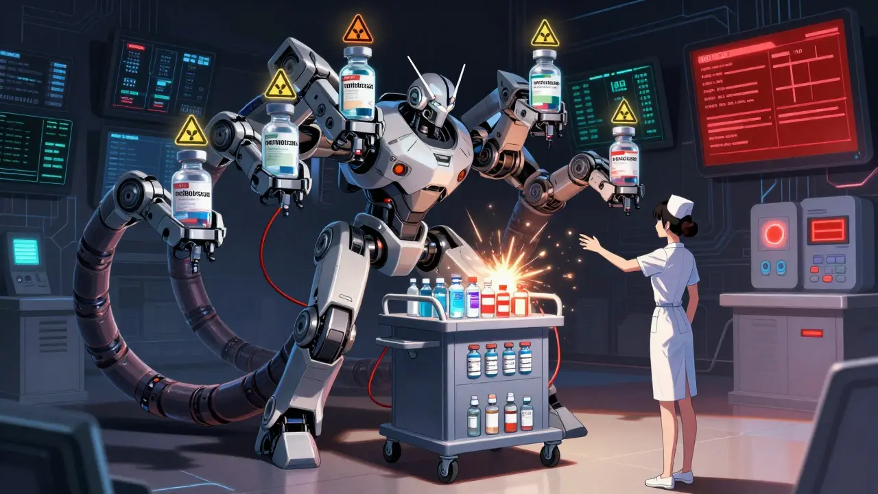 A robotic medication cart with glowing hazard vials is blocked by a hard-stop system while a nurse overrides it.