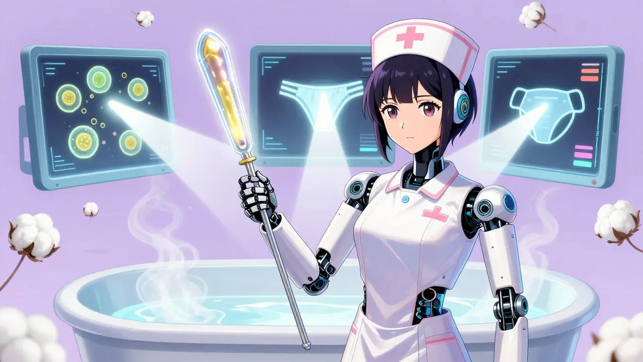 A robotic nurse-droid holds a giant suppository as diagnostic screens show yeast, cotton, and blood sugar being neutralized by light.