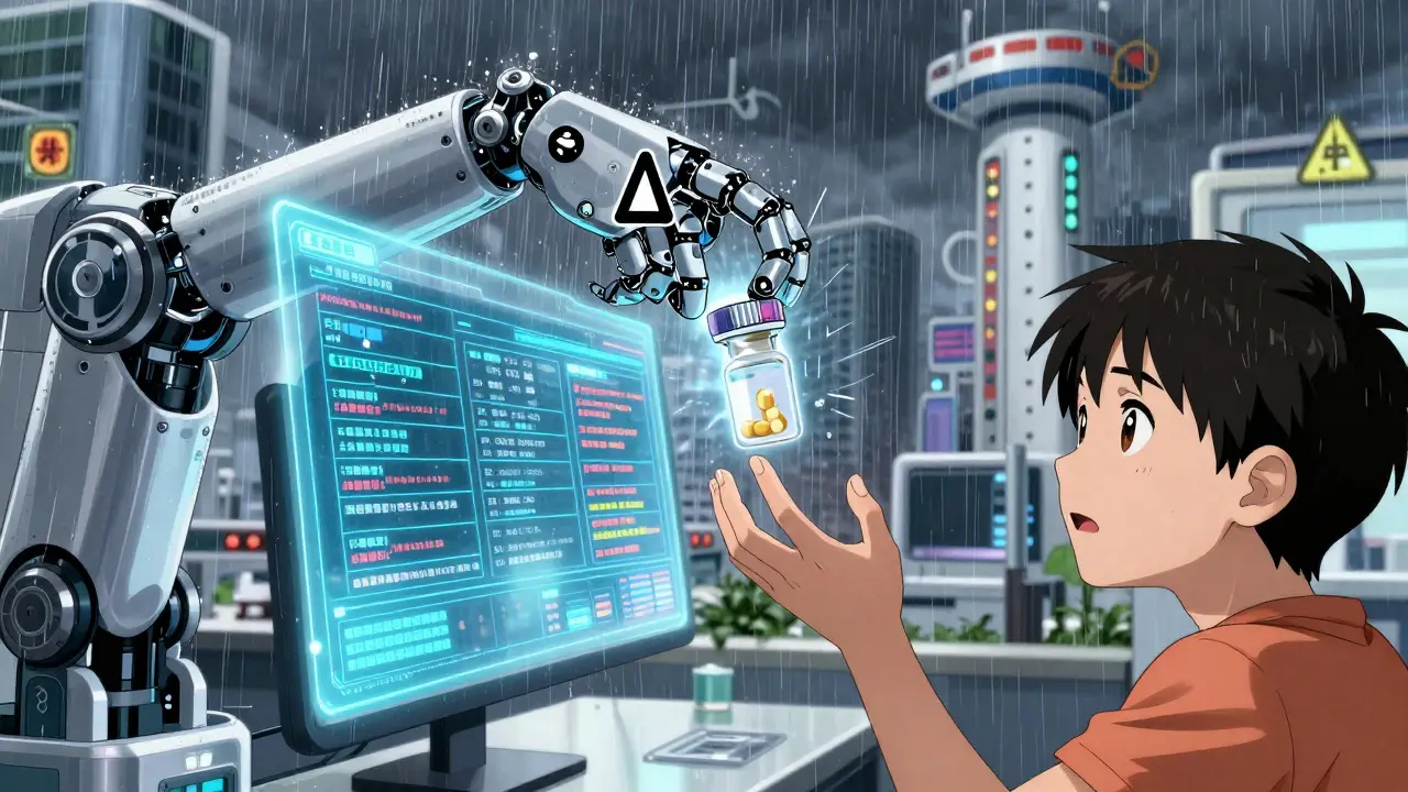 A robotic pharmacist offers a pill with a glowing black box warning as a patient reaches out hesitantly.