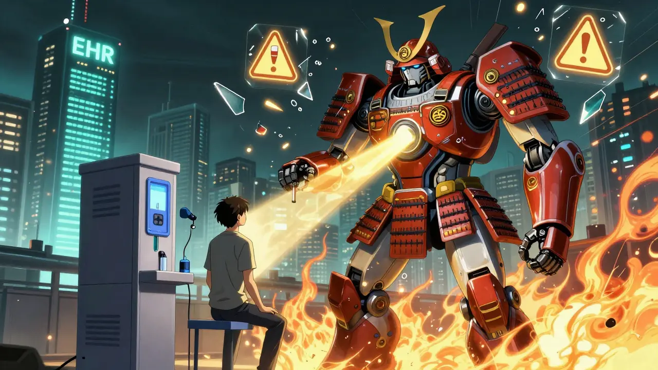 A robotic testing station scans a patient as dangerous drug warnings shatter around them.