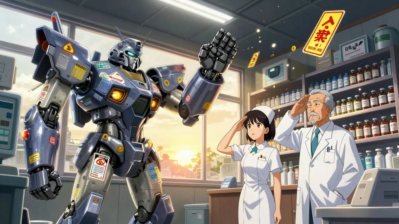 A rural pharmacy becomes a mech fortress with glowing safety cards, a robotic hand demanding sign-off before medication access.