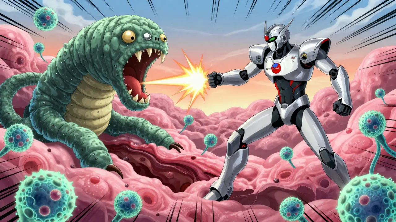 A silver robot warrior fights a bacterial worm in a pink tissue landscape, aided by glowing probiotic bacteria.