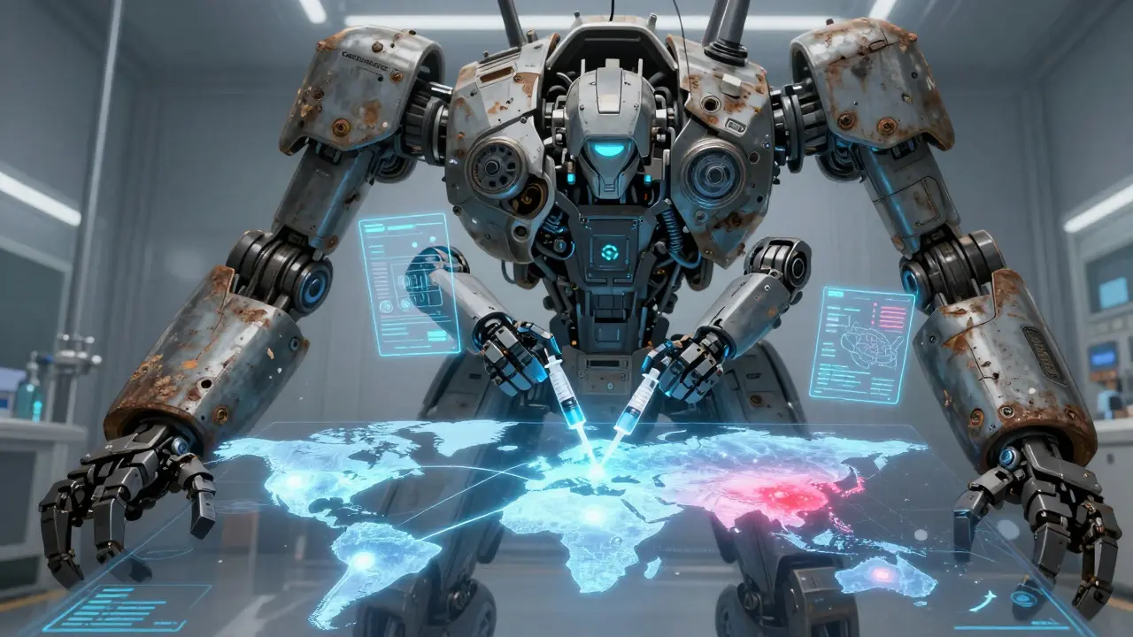 A sleek contract manufacturing robot assembling injectables while a broken commodity robot lies behind.