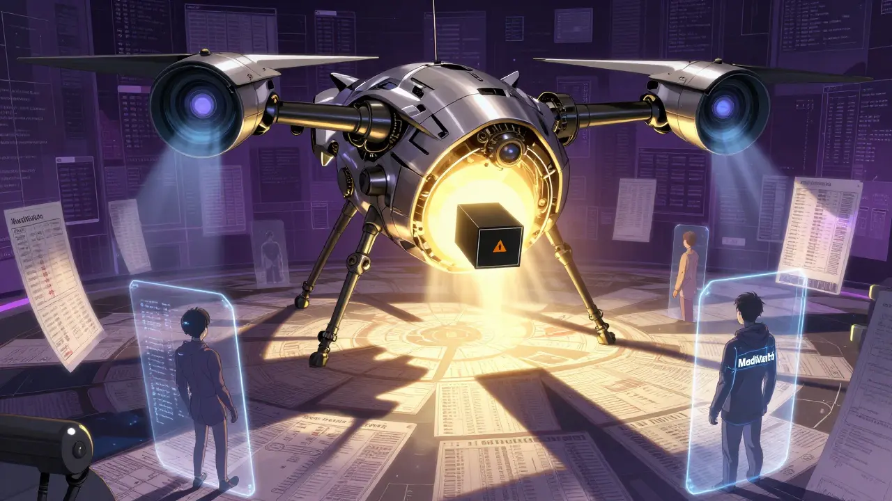 A surveillance drone scans digital health records, with a black box warning emerging like a sun in a data void.