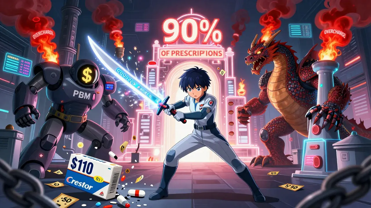 A young hero slashes through corporate monsters with a GoodRx app blade, turning inflated drug prices into affordable tags.