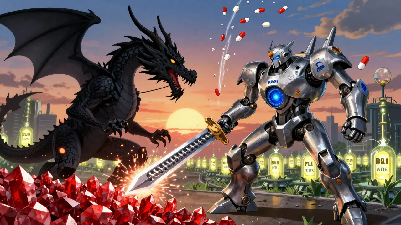 An Indian pharma mech battling a Chinese API dragon, freeing life-saving drug ingredients into the sky.