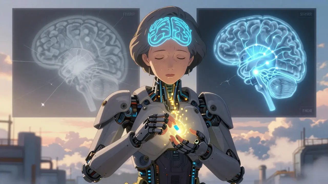 An older woman removing harmful drug capsules from her exosuit as her brain regains glowing neural energy.