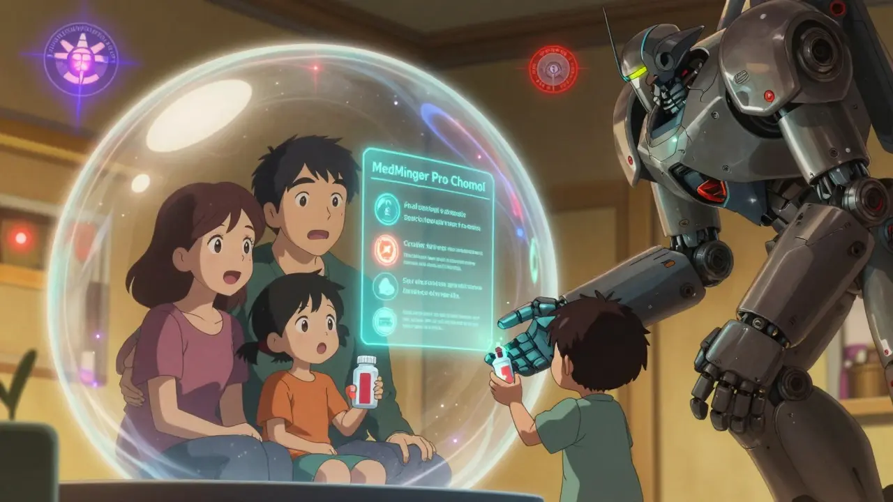 Family protected by energy bubble as smart pill dispenser projects safety instructions in hologram.