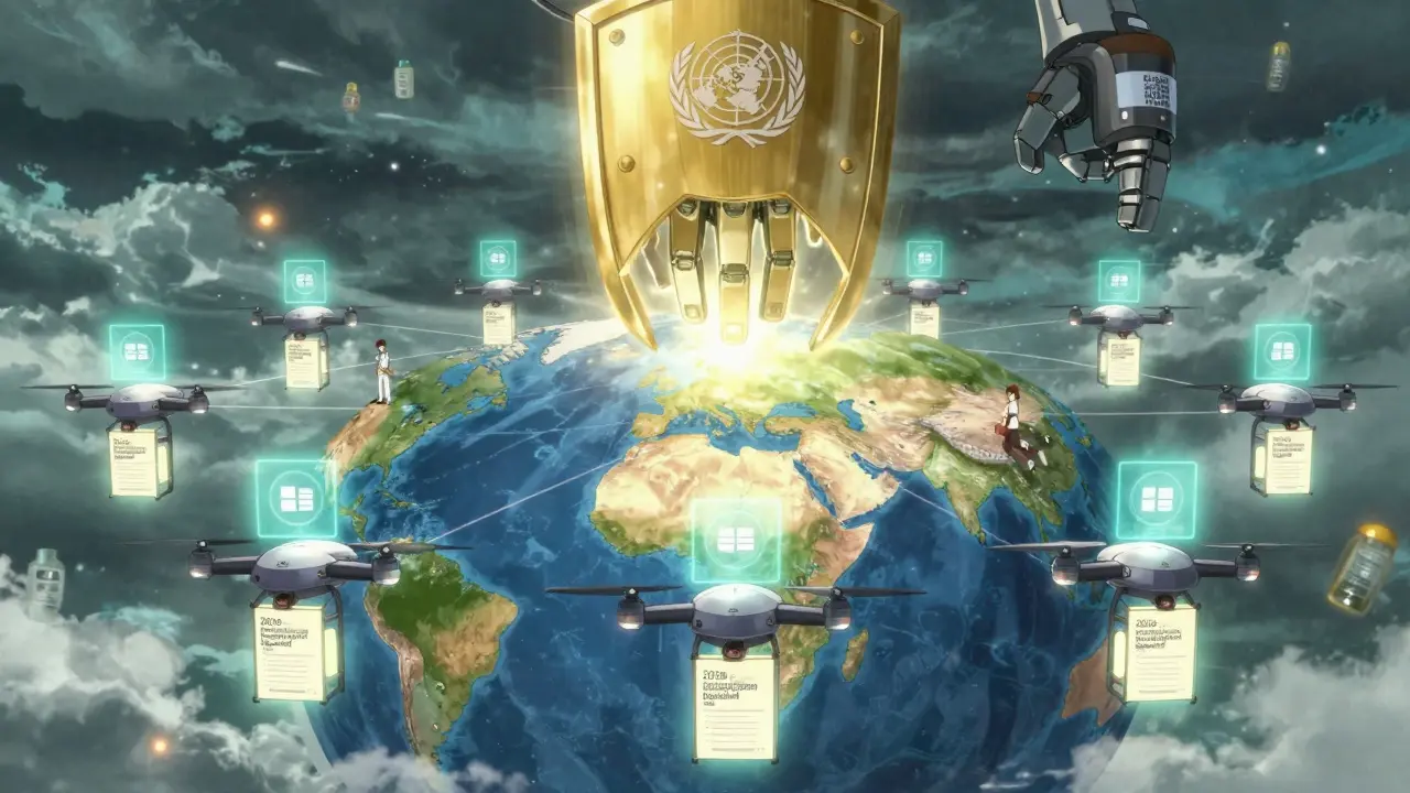 Global drone network delivering WHO medication templates as golden shield protects the Earth