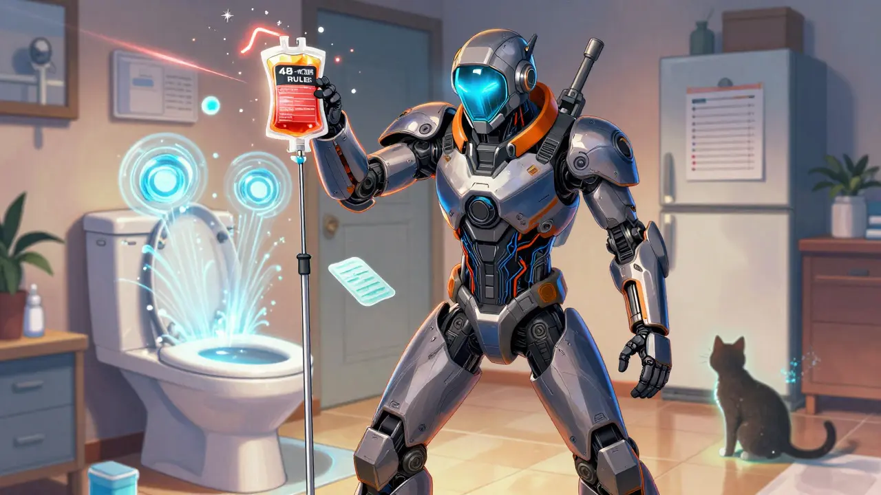 Hero in hazmat suit cleaning a chemo spill with floating tools, toilet flushing twice in background.