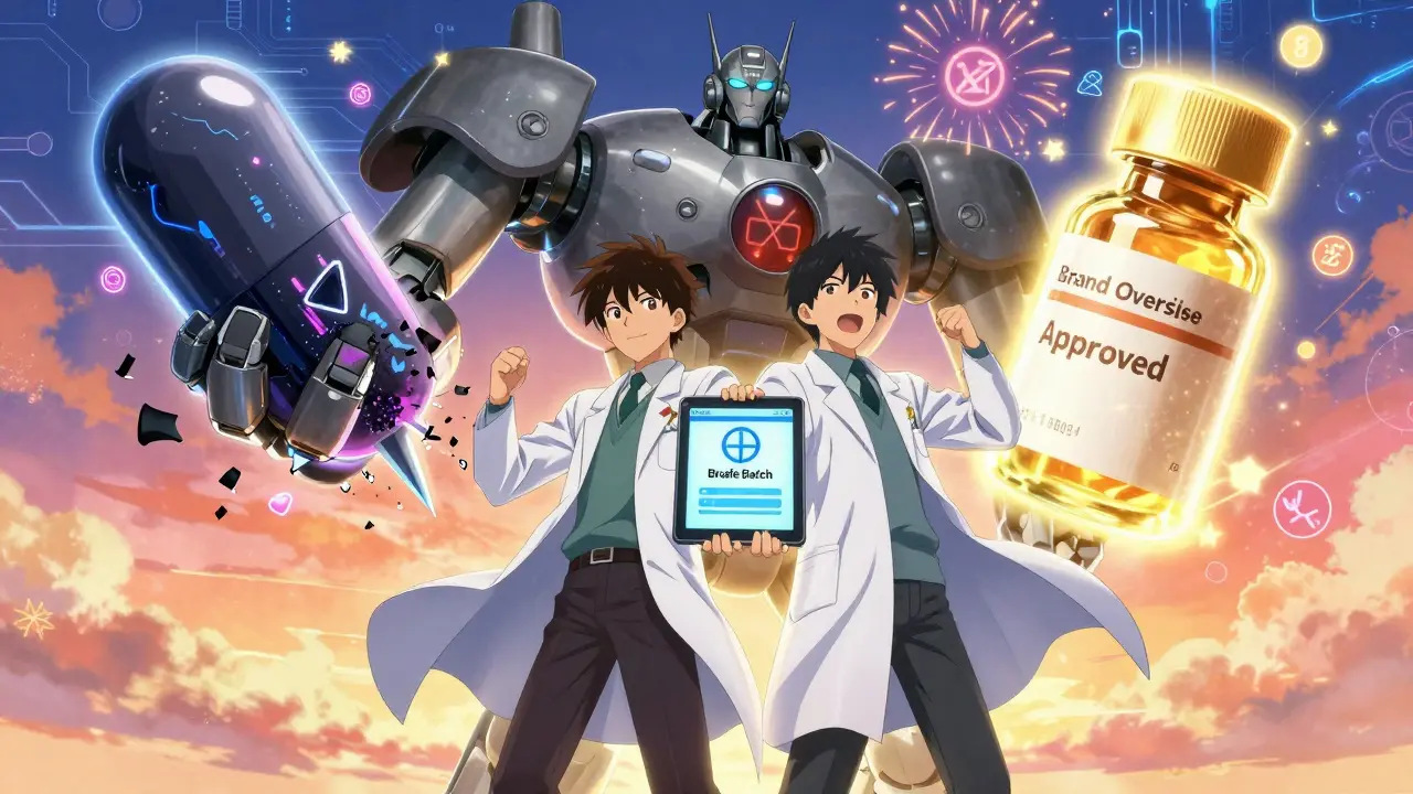 Patient and pharmacist stand together as a dangerous generic is destroyed, replaced by a glowing safe alternative.