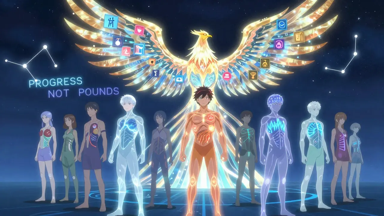 People with translucent bodies reveal inner health progress as a robotic phoenix rises behind them.