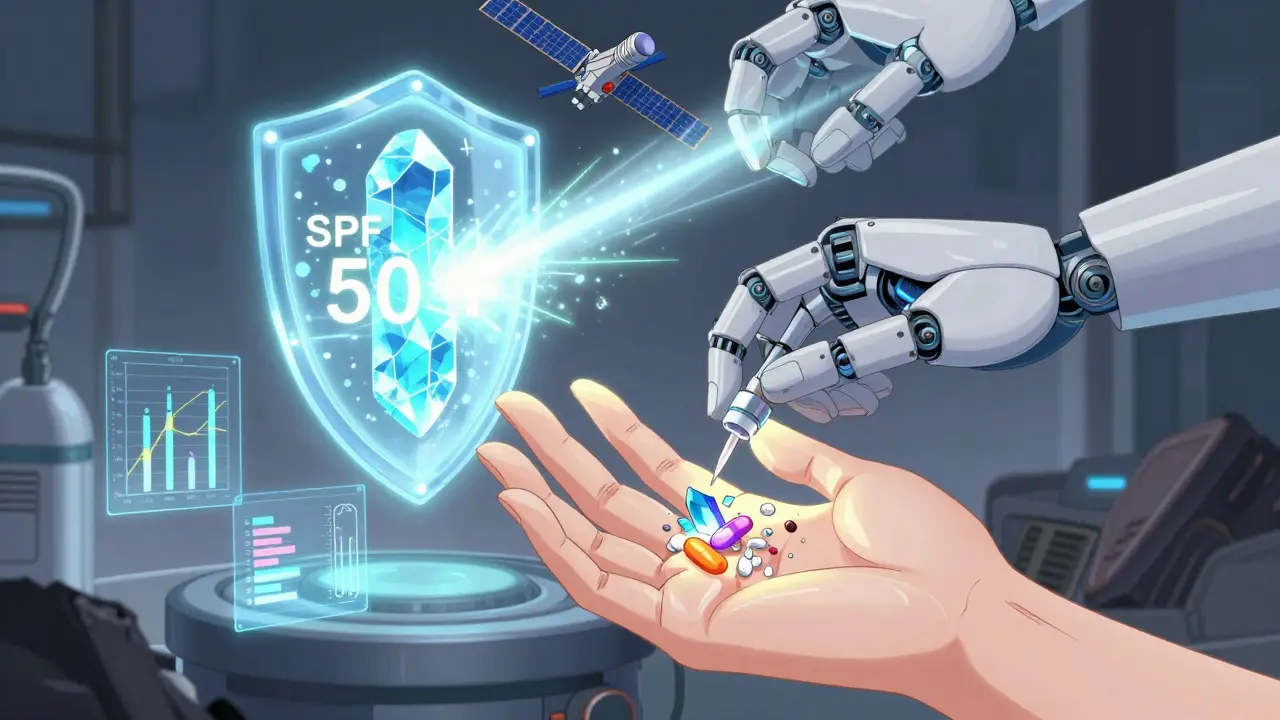 Robotic hands assembling healing serum with ceramides while SPF shield blocks UV beams on regenerated skin.