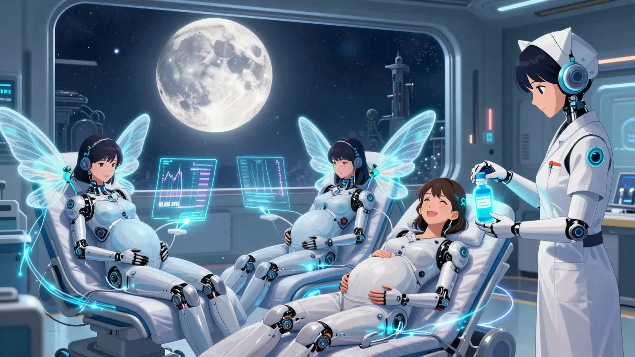 Three pregnant women in futuristic sleep suits connected to robotic CPAP devices in a glowing clinic.
