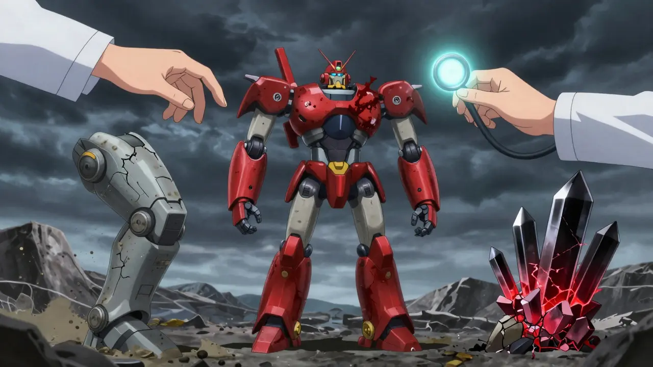 Three robotic limbs representing OA, RA, and gout, each damaged differently under a stormy sky.