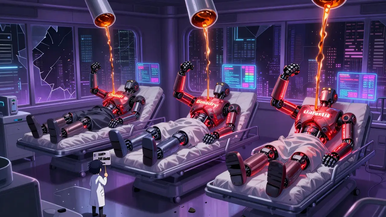 Three robotic patients in a futuristic hospital with alcohol streams flowing into them, their bodies glowing red as BAC levels rise above them.