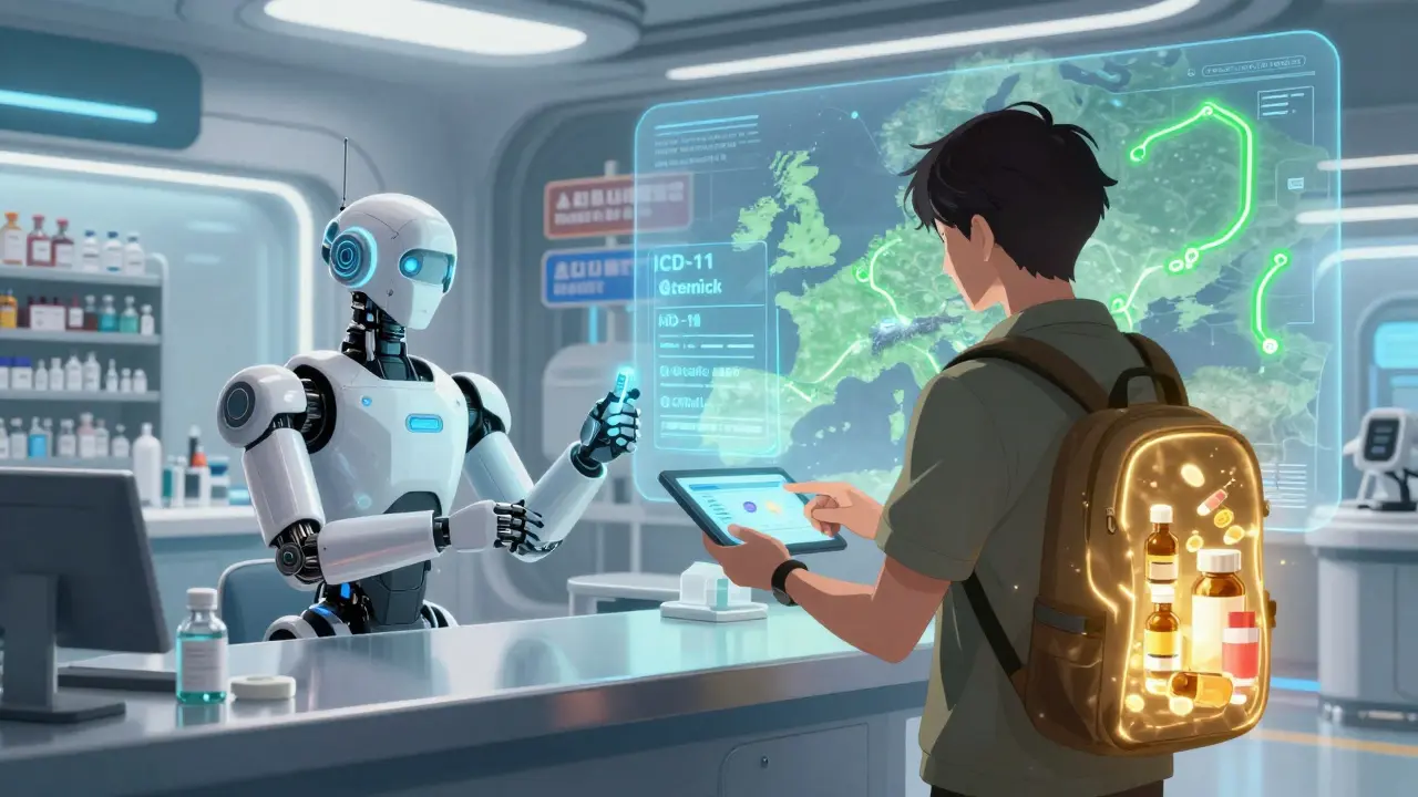 Traveler receiving holographic e-prescription in futuristic Paris clinic with European map glowing