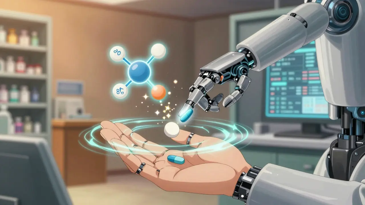 Two pills float mid-air with identical molecular structures, surrounded by dissolving allergen symbols in a high-tech pharmacy.