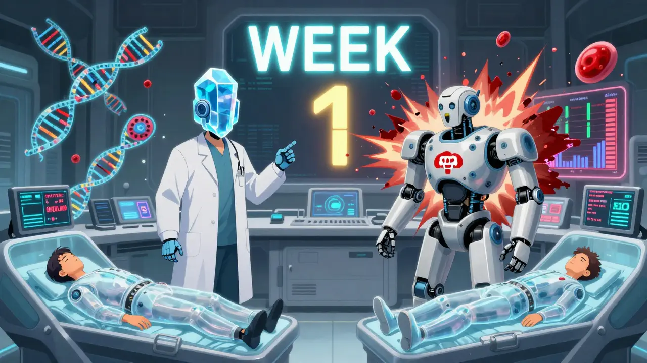 Two robotic doctors battle in a digital hospital over DNA strands and blood cell icons, with a countdown timer and shattered blood graphs.