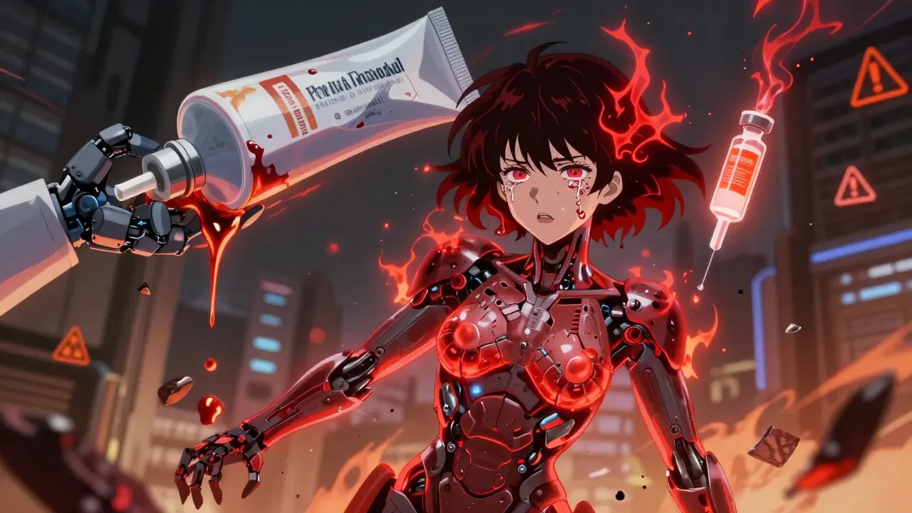 Woman experiencing steroid withdrawal with glowing red flare, peeling skin, and a broken cream tube emitting fire.