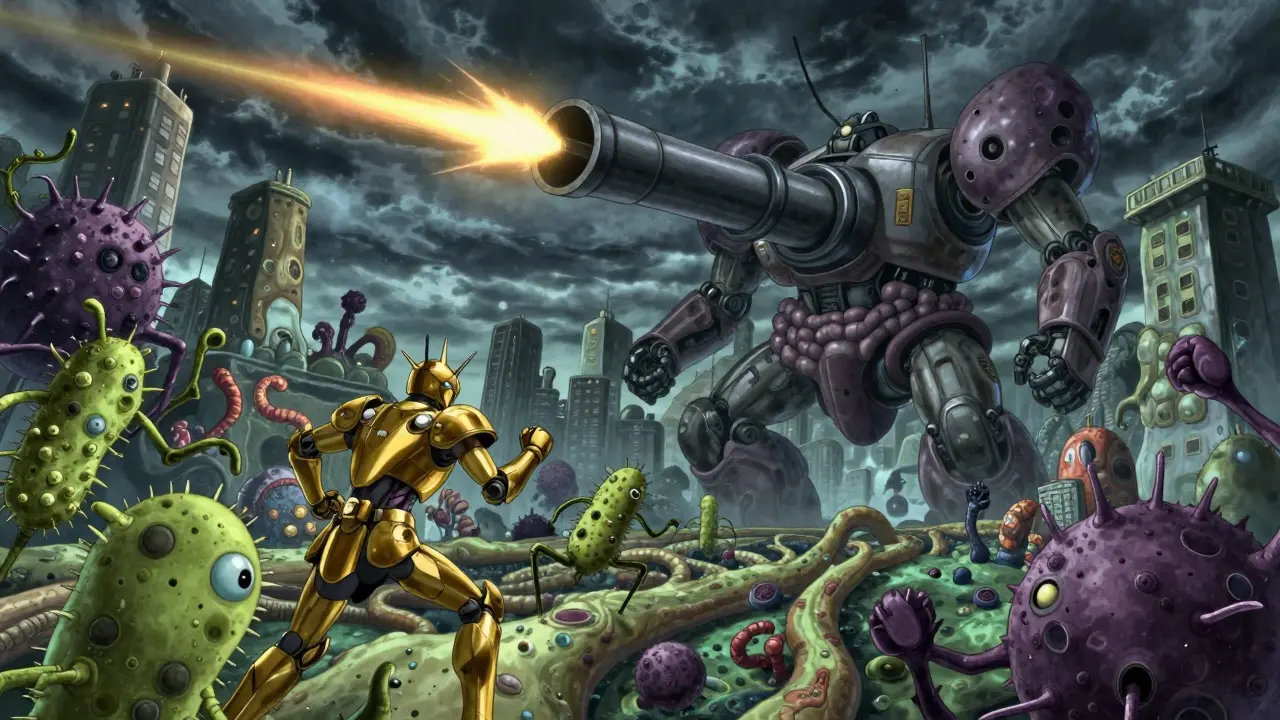 A biomechanical gut city is attacked by C. difficile monsters while antibiotics destroy both good and bad bacteria.