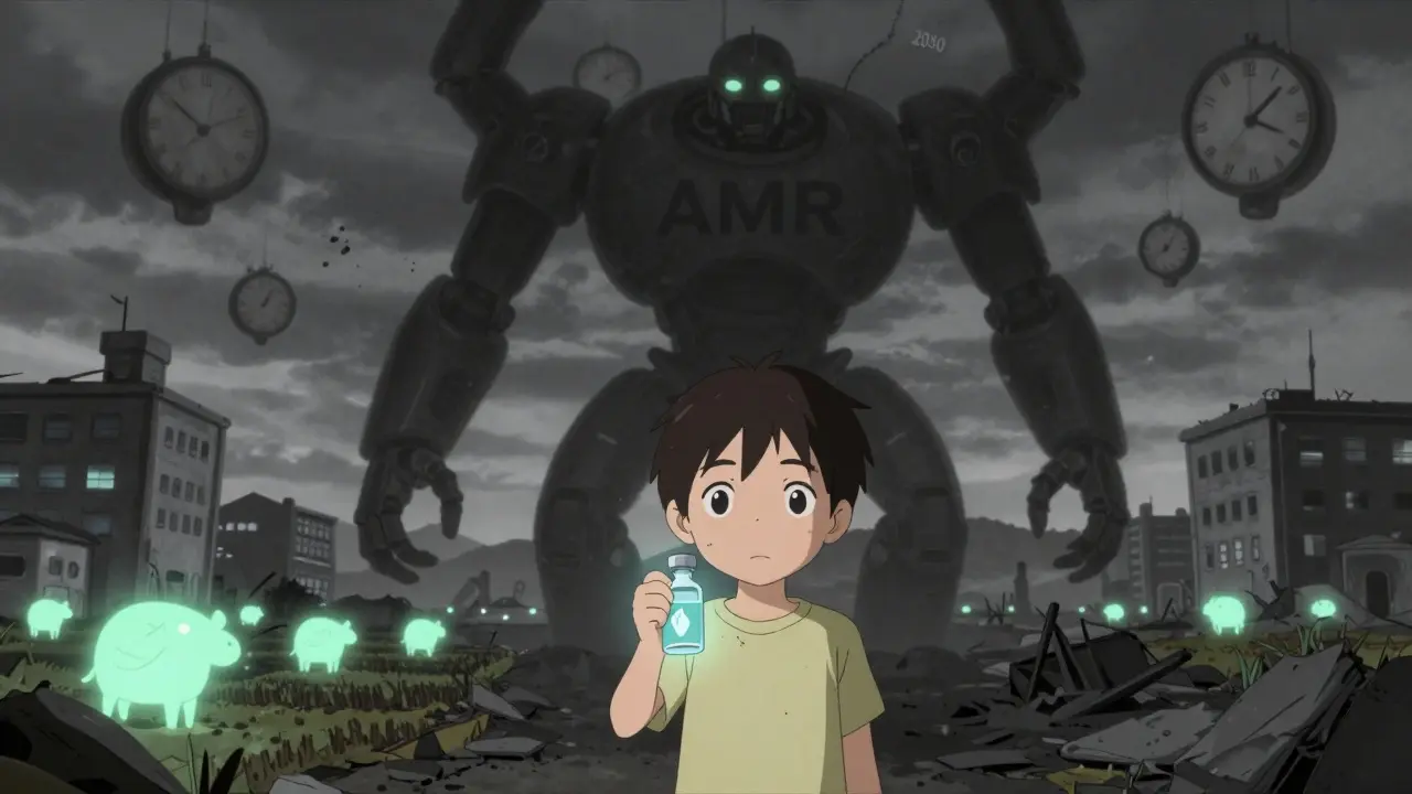 A child holds the last antibiotic vial as a monstrous AMR entity looms over a collapsing world.