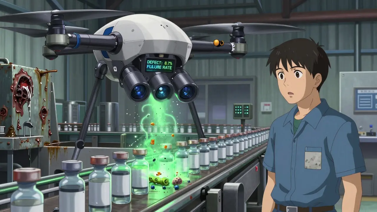 A drone detects harmful contaminants in generic injectable vials while a human inspector looks on helplessly.