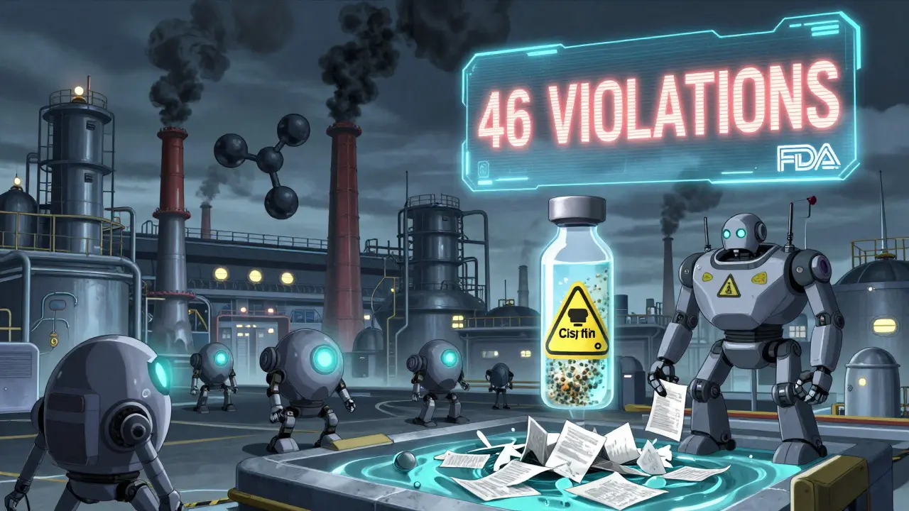 A factory spewing chemical plumes with robotic inspectors scanning tainted medicine and shredded documents.