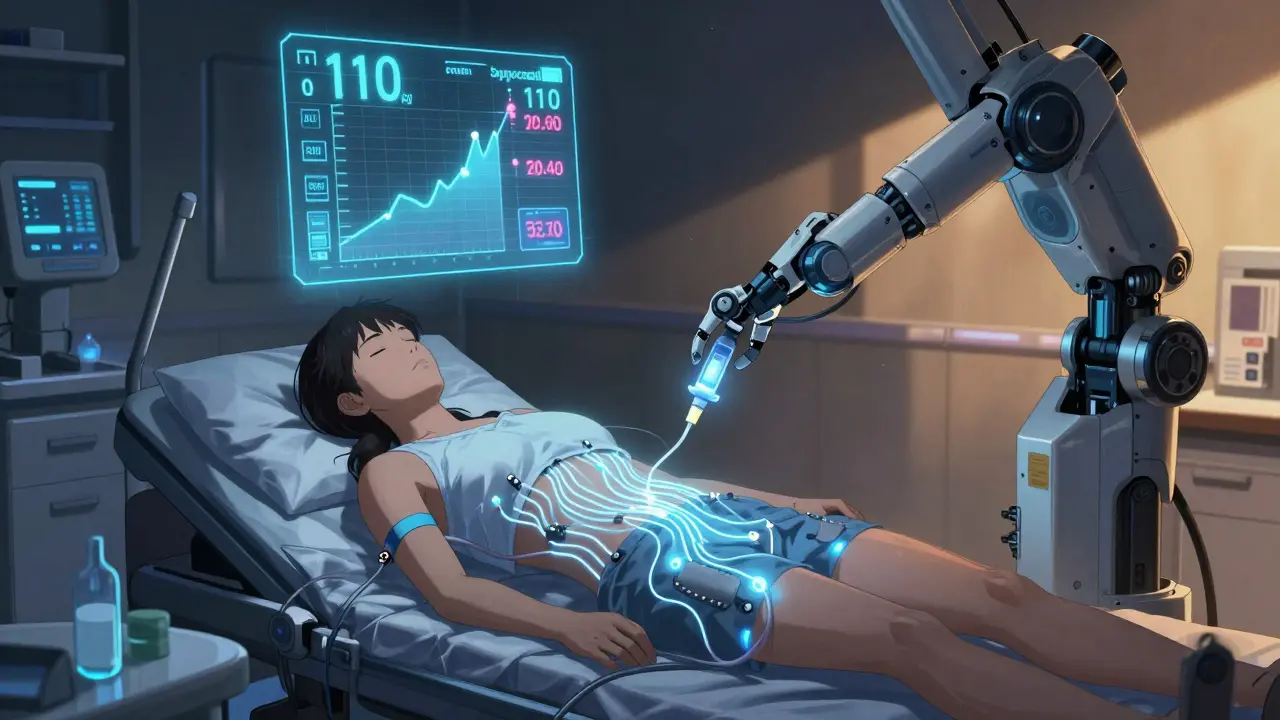 A futuristic sleep lab with robotic arm administering glowing sodium oxybate liquid at night.