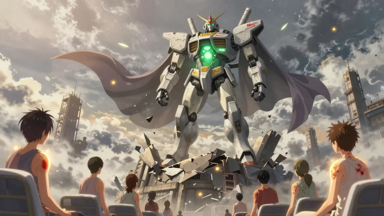 A heroic mech suit blocking pain spikes with green energy as patients rise from beds, restoring balance in a glowing dawn landscape.