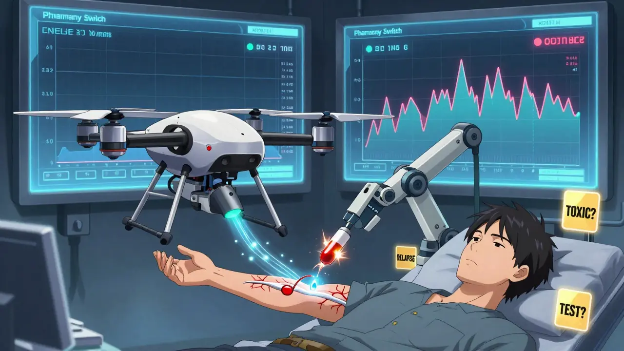 A medical drone extracts blood from a patient as graphs show lithium absorption differences between pill types.