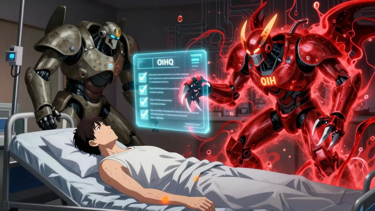 A patient in a hospital bed as two robotic entities labeled 'Tolerance' and 'OIH' battle above, with a holographic questionnaire floating nearby.