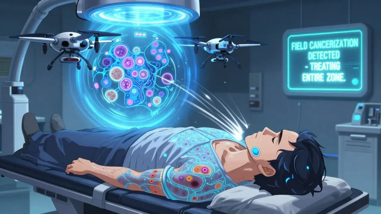 A patient under blue light is treated by nanobots that erase precancerous skin lesions.