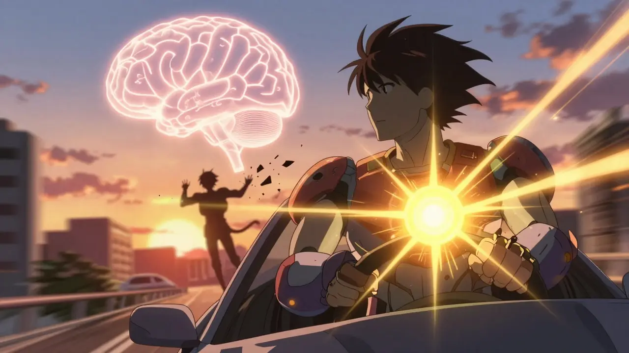 A person driving confidently at sunset with a glowing brain behind them, symbolizing restored health.
