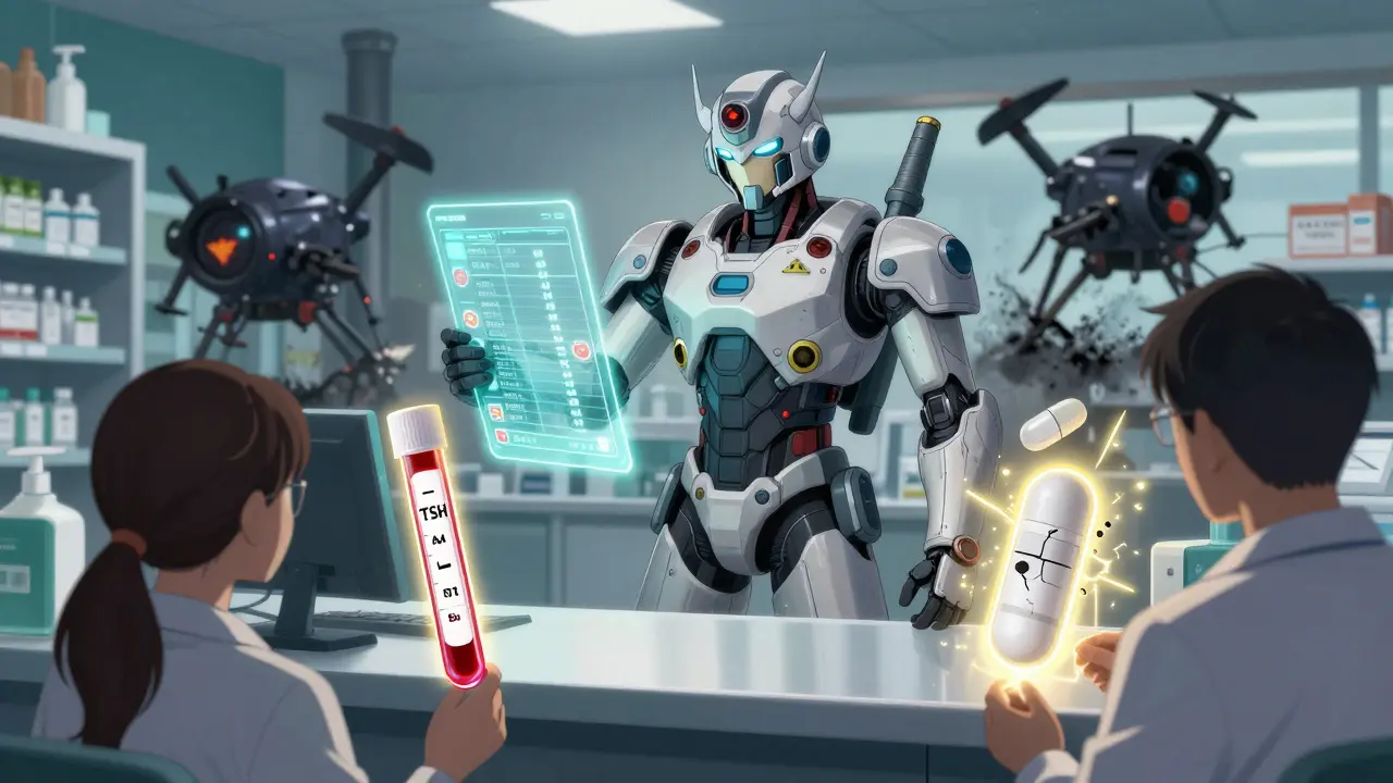 A pharmacist in a high-tech suit displays drug traceability data while contaminated factories collapse behind them.