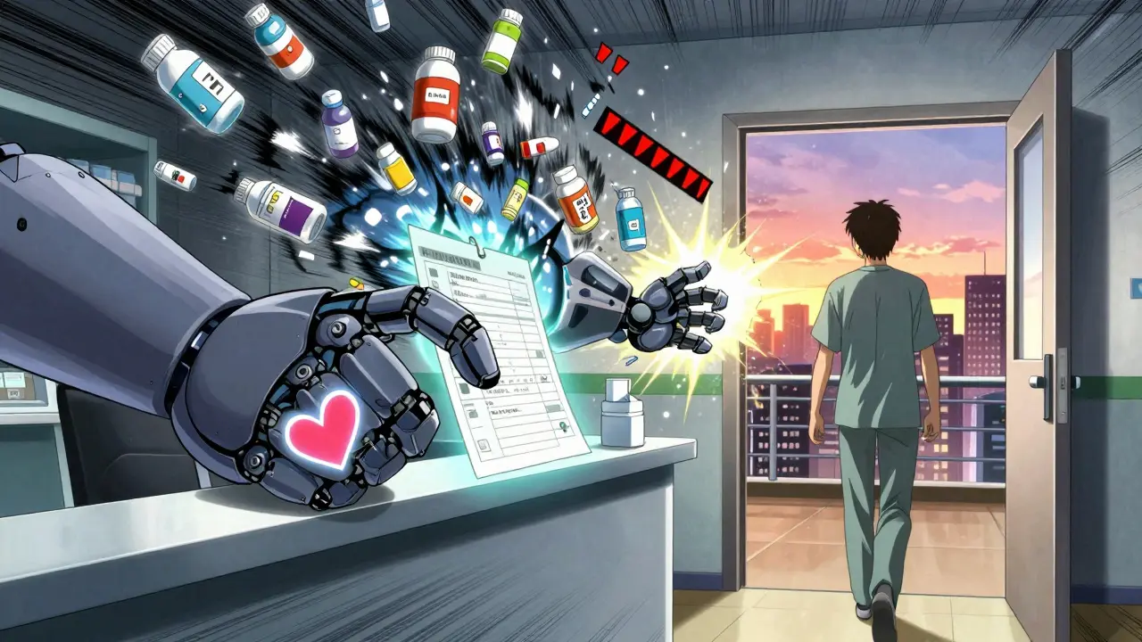 A robotic hand wraps a patient in protective armor made of a medication checklist as errors fade away.