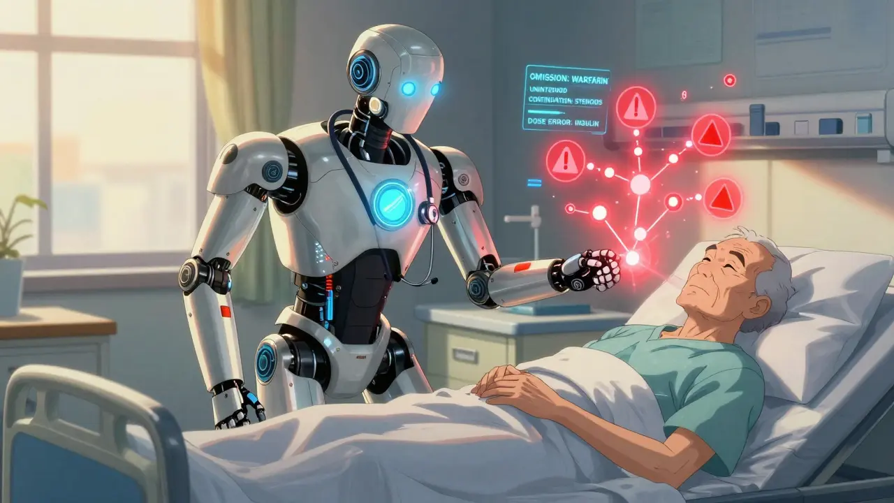 A robotic pharmacist projects drug interaction warnings beside a patient in a hospital bed.