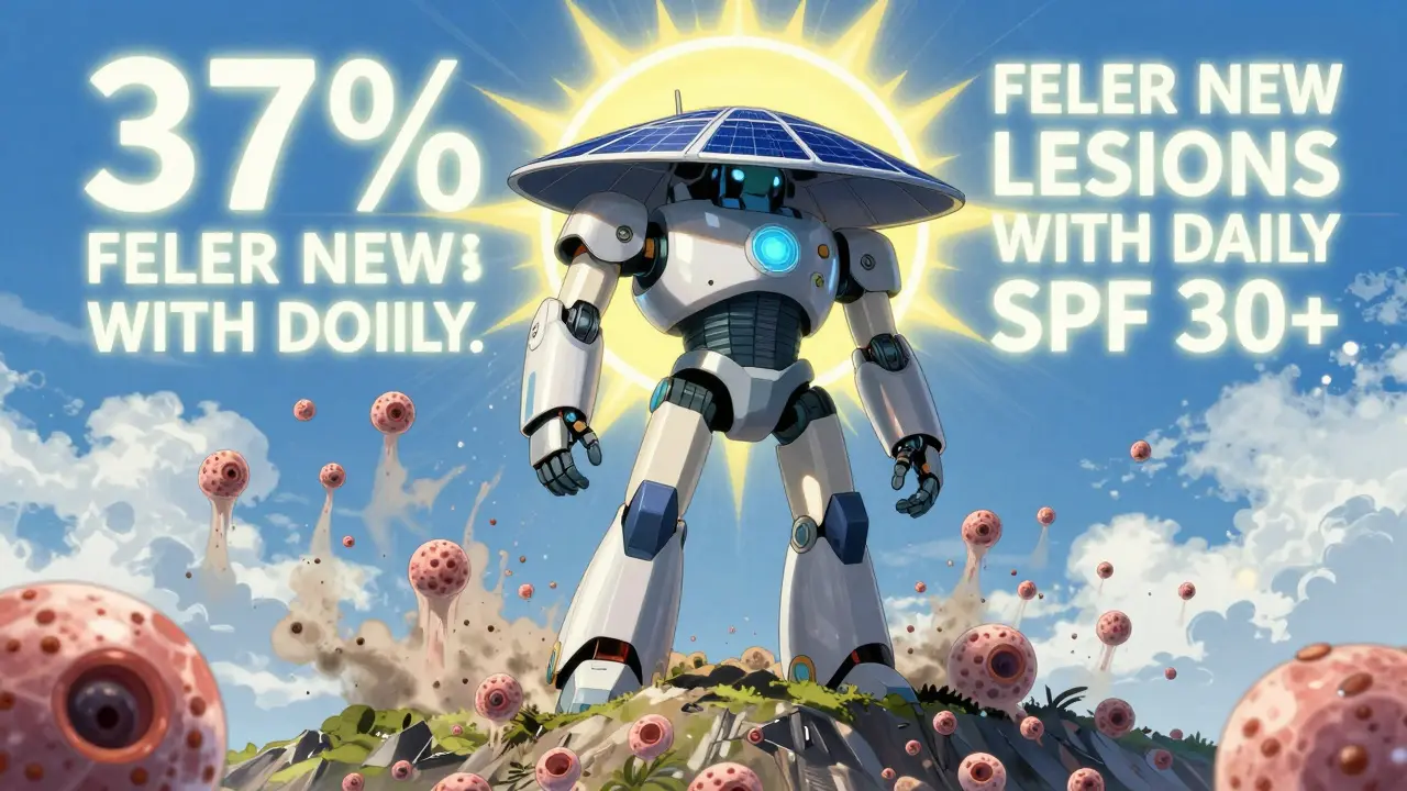 A sunshield robot activates a protective field to prevent new skin damage from UV rays.