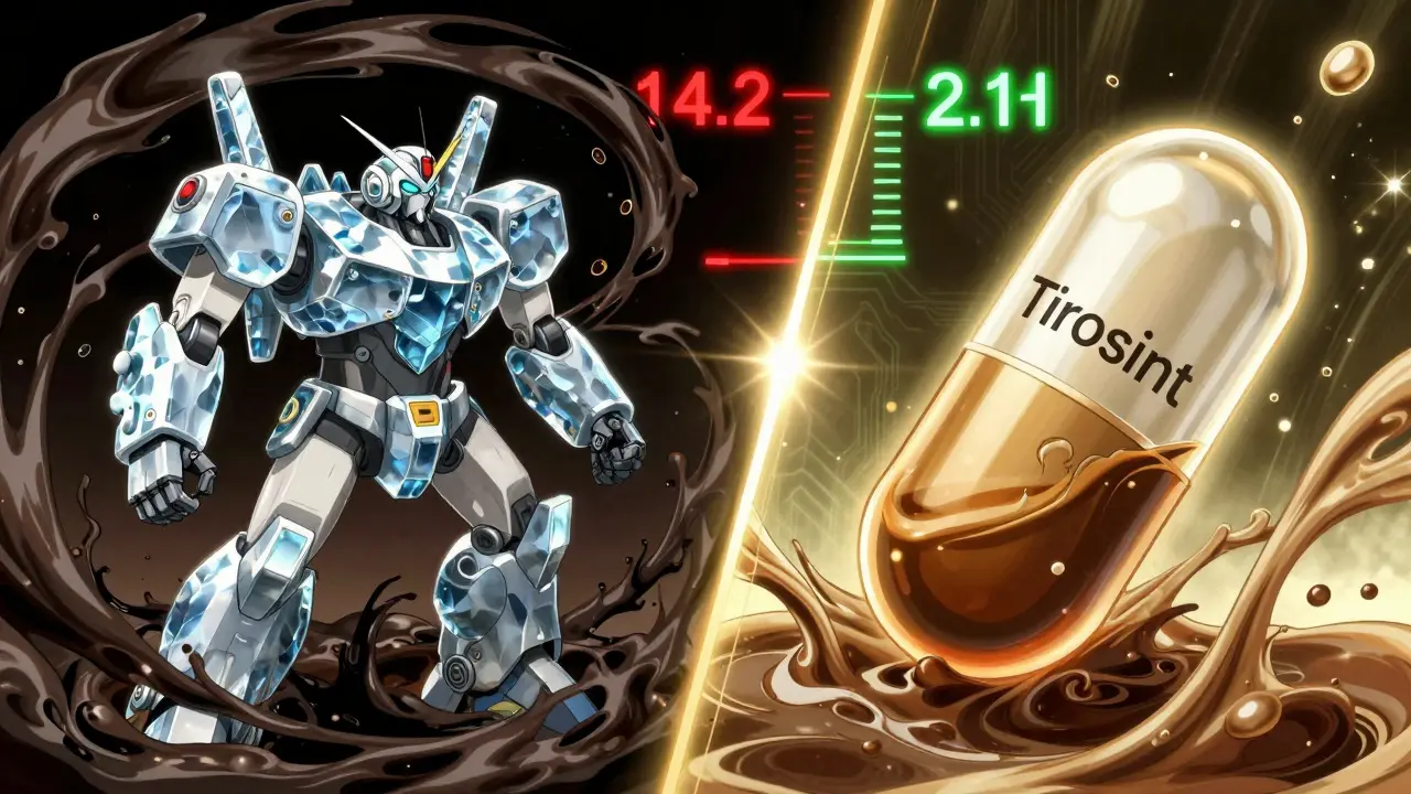 A tablet levothyroxine is blocked by coffee energy, while a liquid form glows gold as coffee flows through it.