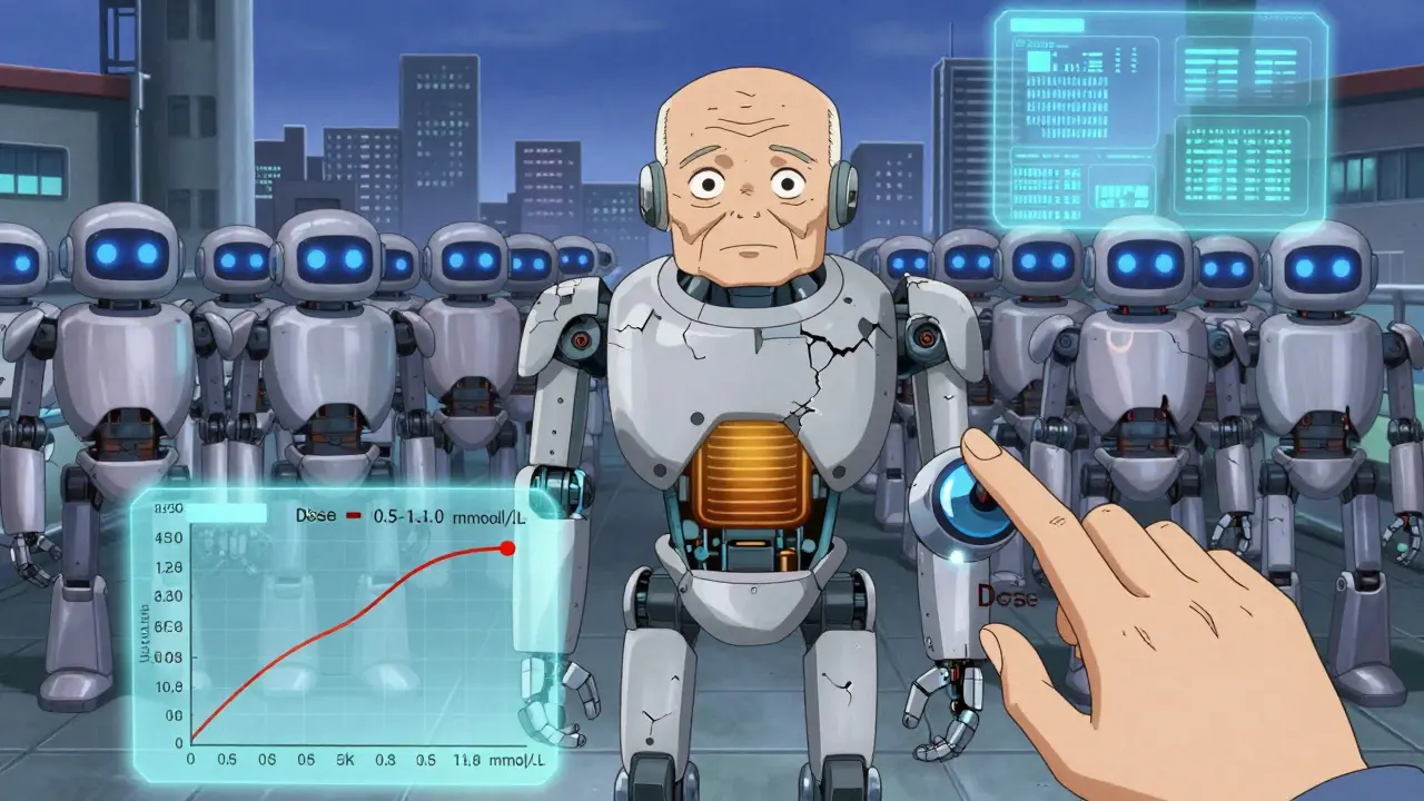 An elderly robot with dimming core stands beside younger ones, showing age-adjusted lithium dosage levels.