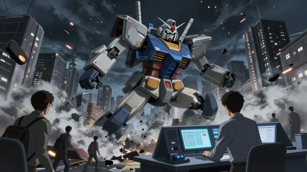 Giant airplane-themed robot crashing with corporate control.