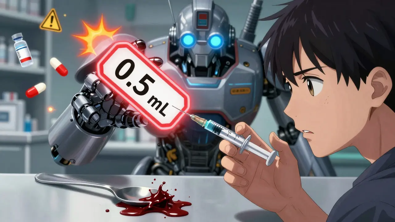 Hand holding an oral syringe as a robotic pharmacist points at a warning label with '0.5 mL' in glowing red text.