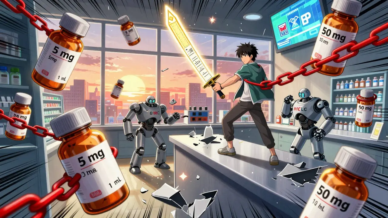 Patient atop a pharmacy counter holding a prescription like a sword, surrounded by floating medication bottles with dangerous dosage errors.