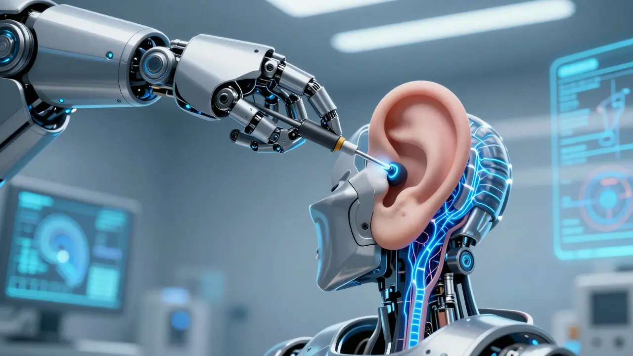 Robotic arm inserting cochlear implant into inner ear