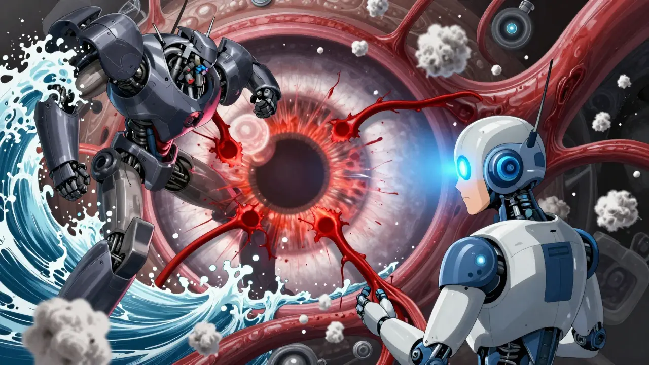 A battlefield inside the eye with hemorrhages and nerve damage as mechanical titans clash near the optic nerve.