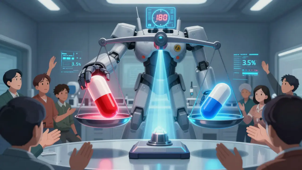 A futuristic scale balances brand and generic drugs with a 3.5% difference, patients reaching out in gratitude.